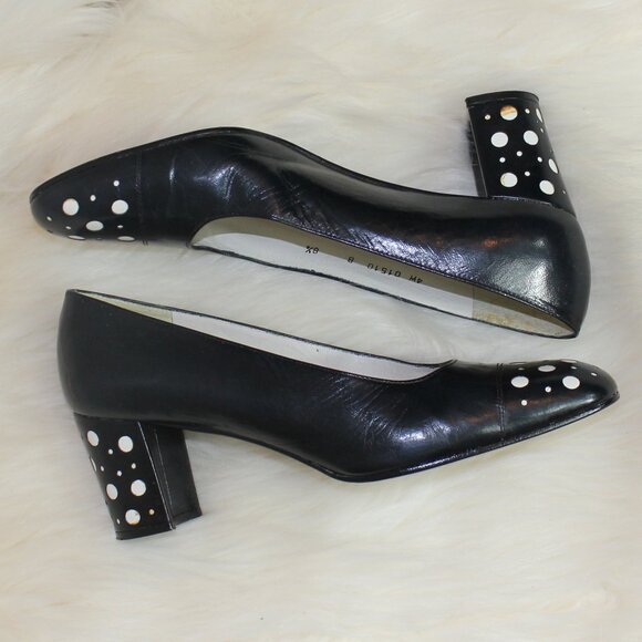 Stuart  Weitzman navy  leather shoes block heels pattern  size 8.5 - Picture 2 of 8